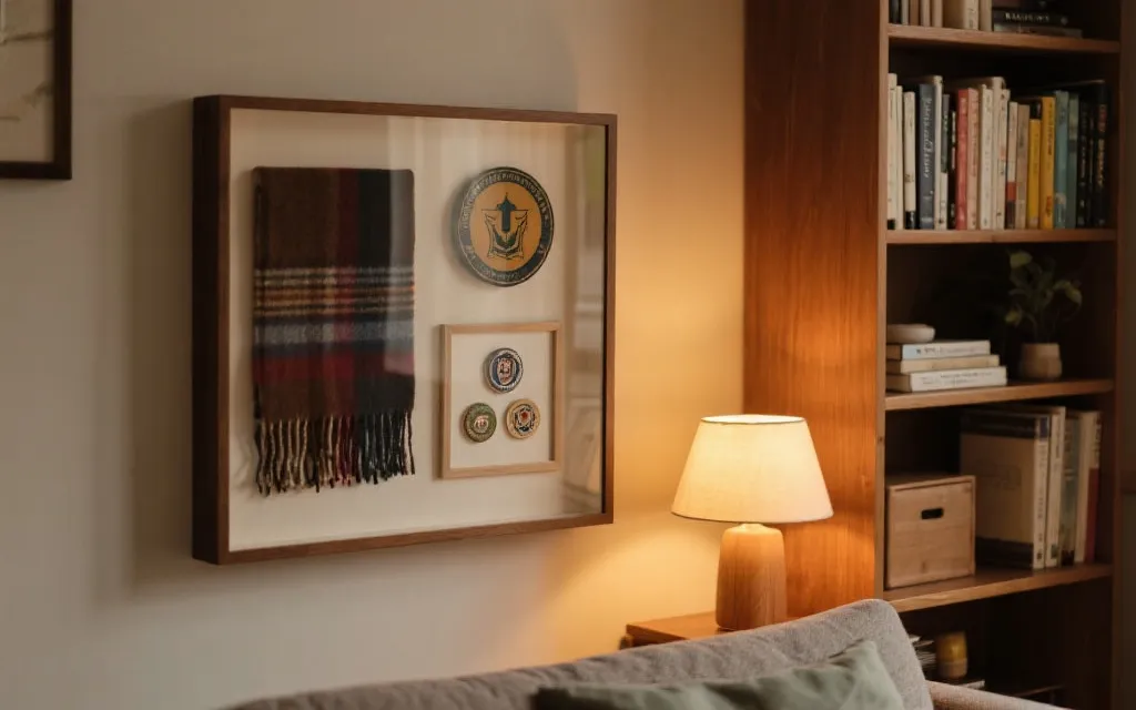 球迷在家中用展示框陈列围巾与徽章，温暖灯光，生活化收藏氛围